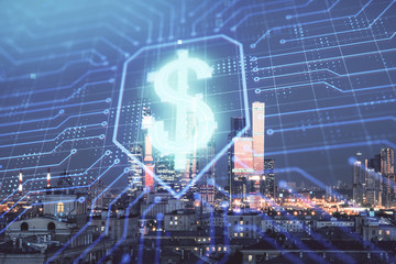 Double exposure of business drawing hologram on cityscape background.