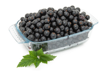 Ripe fresh black currants in a bowl on a white background