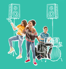 Teenage musicians with drawing instruments playing against color background