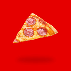 Slice of delicious pepperoni pizza on color background