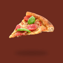 Slice of delicious pizza on color background