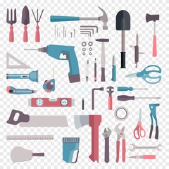 Big set of cartoon building tools repair. Home equipment icon in flat style. Vector