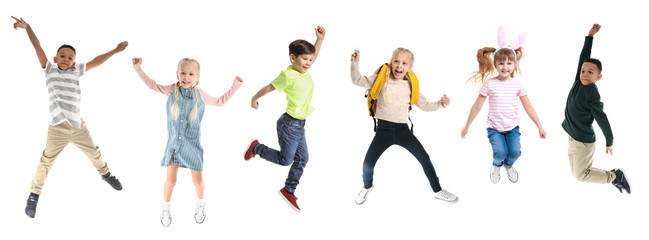 Different jumping children on white background