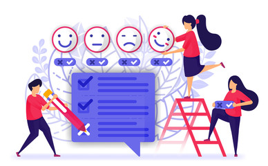 People give review and fill out questionnaires survey or exam for service or product. provide feedback with emoticon from customer experience. Vector Illustration For Web, Landing Page, Banner, Mobile