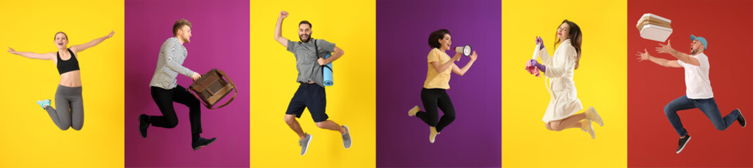 Different jumping people on color background