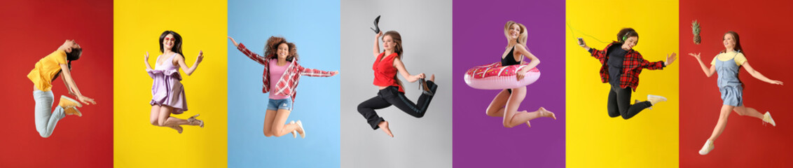Different jumping women on color background