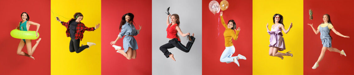 Different jumping women on color background