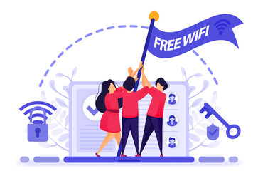 People fly flag for protest to get free internet or wifi access with maximum security. key to break into firewall protection to get free wi-fi. Vector Illustration For Web, Landing Page, Banner Mobile