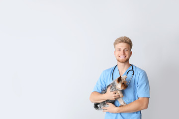 Veterinarian with cute dog on light background