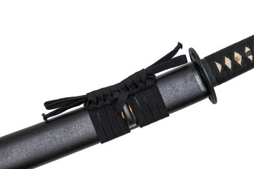 Black Sageo (cord) for tie the saya (scabbard) of Japanese sword isolated in white background.
