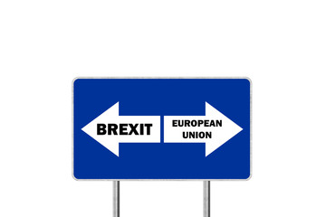 Brexit, or European Union. Road sign With Arrows Depicting UK and EU Departure