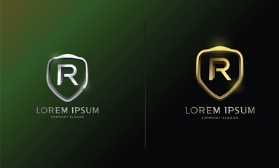 set of shiny 3d metallic gold and silver shield icon, initial letter R monogram custom logo template