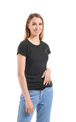 Obraz premium Woman in stylish t-shirt on white background