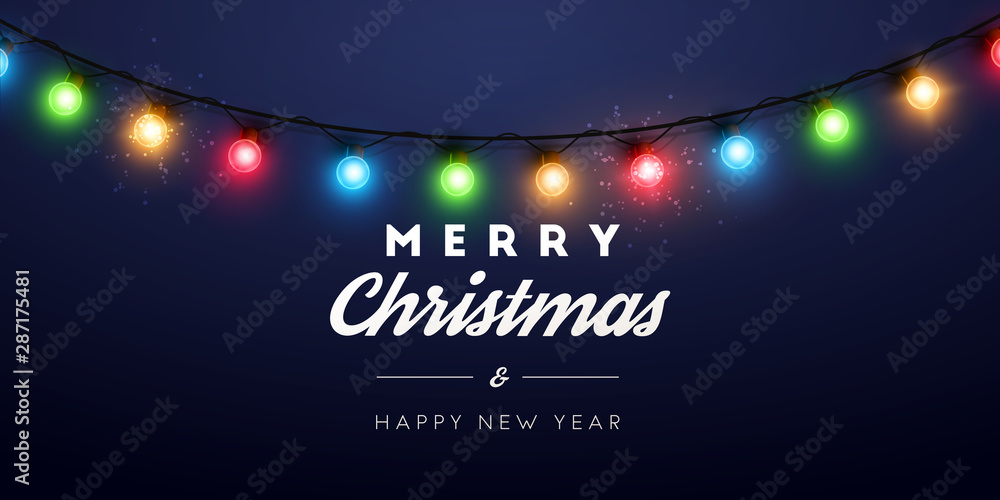 Wall mural merry christmas background with christmas lights. holiday illustration.