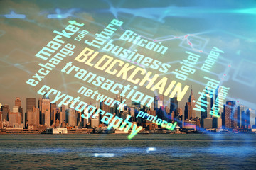 Double exposure of crypto currency theme hologram drawing and city veiw background. Concept of blockchain and bitcoin.