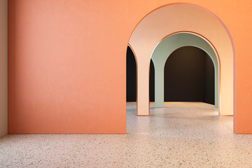 Colorful interior with archs and terrazzo floor. 3d render illustration mock up © YKvisual