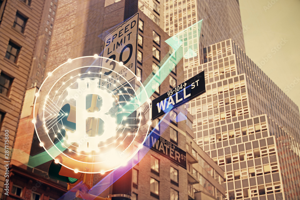 Poster double exposure of crypto currency theme hologram drawing and city veiw background. concept of block
