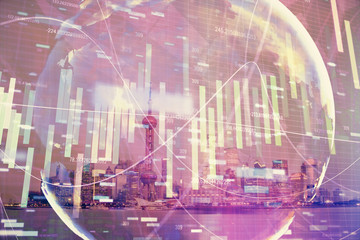 Double exposure of business theme hologram drawing and city veiw background. Concept of success.