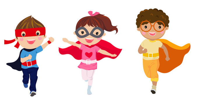 Super hero Kids with costumes set, Children costume characters isolated on white background, boy and girl,