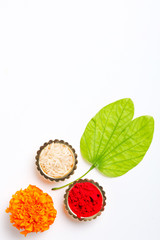 Happy Dussehra greeting card , green leaf, Rice and kumkum