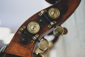 Details with the scroll, peg box, nuts, machine heads, tuning keys and tuners (the headstock) of a...
