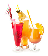Glasses with tasty summer cocktails on white background