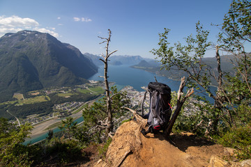 trekking backpack scenic landscape mountain view
