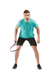 Handsome tennis player on white background