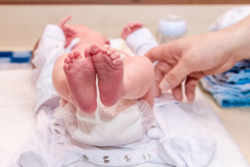 Obraz na płótnie Canvas Newborns. Children's legs in the palm of your hand. Close-up.