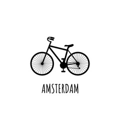 black silhouette Bicycle with inscription Amsterdam. Most common transport in Amsterdam. Can be used for postcards and tourist booklets, logo Vector illustration.