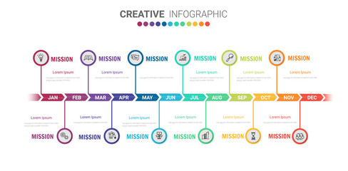 Timeline for 1 year, 12 months, infographics month planner design vector 12 steps and Presentation business can be used for Business concept with 12 options, steps or processes. 