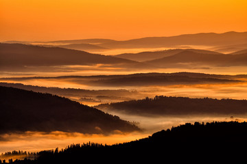 Beautiful misty sunrise in the mountains. Bieszczady Mountains. Poland.