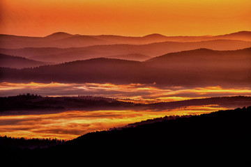 Beautiful misty sunrise in the mountains. Bieszczady Mountains. Poland.