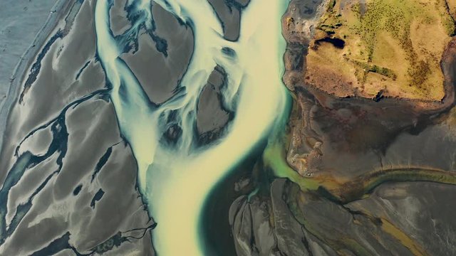 Aerial view of a glacial river system in the south of Iceland.