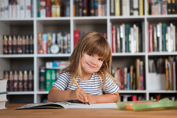 back to school. schoolkid drawing at the desk with a bookcase against the background of