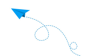 Blue paper plane flying on white background