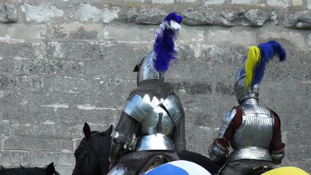 Knight Tournament. Medieval horse knights are preparing for the tournament. 