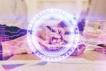 Businessman with hands background. Crypto currency concept.