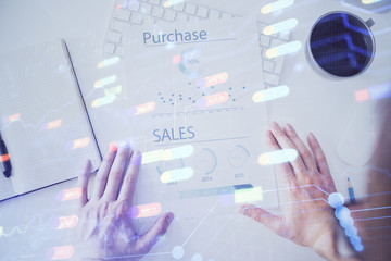Man hands with data theme double exposure icons.