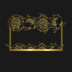 Hand drawn doodle style golden peony flower wreath. floral design element.
