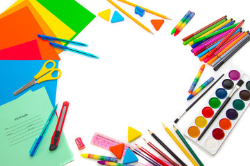 Stationery layout. School theme. Preparing for school .Color school supplies isolated on white background. Study