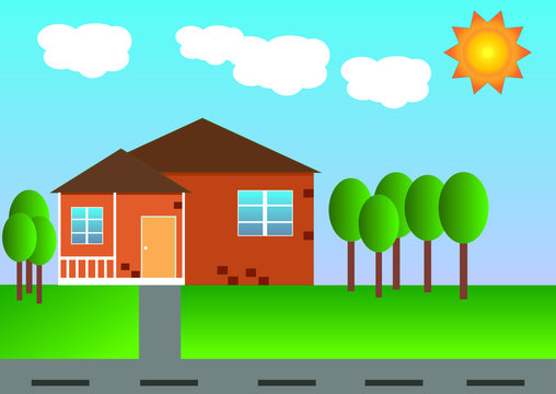 Cartoon background vector with house clouds sun and trees