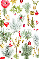 Bright Christmas background. Green fir branch, holly berries, golden stars and red baubles isolated...