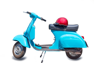 Retro scooter, Vintage scooter, retro motorcycle with red helmet isolated on white background with clipping path.
