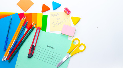 Stationery layout. School theme. Preparing for school .Color school supplies isolated on white background. Study