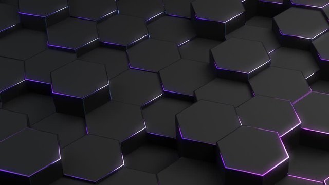 Abstract hexagonal geometric surface, black minimal texture with neon purple holographic glow, random fluctuation of the canvas movement background. Seamless loop 4K UHD. 3D digital motion graphics