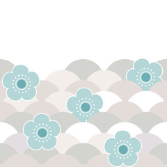 Card banner design, pattern gray beige blue flowers japanese cherry blossoms on white background. Asian simple ornament, oriental style scales, japanese circle. Copy space. Vector