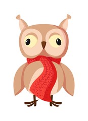 Cartoon character Cute brown owl with big eyes isolated on white background