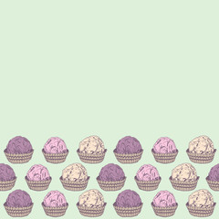 Card banner template, pattern Candy chocolate truffles in foil and paper cup. Drawing by hand sketch doodles. beige gray violet purple on green background. Vector