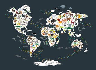 Cartoon animal world map for children and kids, back to schhool. Animals from all over the world, white continents and islands on dark grey background of ocean and sea. Scandinavian decor. Vector © EkaterinaP
